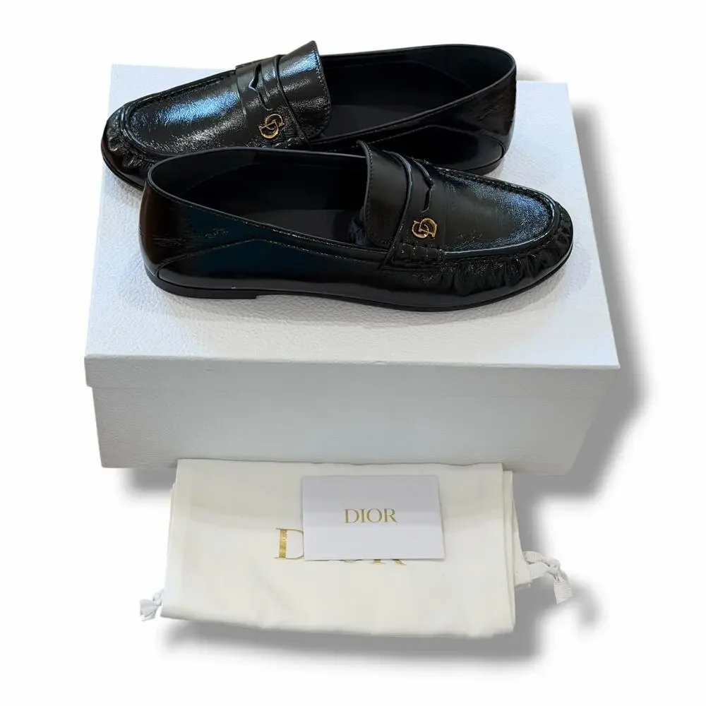 Christian Dior Women’s Black Patent Leather Loafers Dior Time Size US9.5 EU40